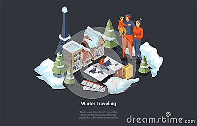 Winter Travelling, Family Christmas Vacations Concept. Family Planning Witer Vacations. Characters Planning Route, Book Vector Illustration