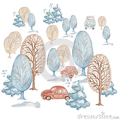 Winter trees patern car trees forest christmas new year watercolor illustration hand drawn set Cartoon Illustration