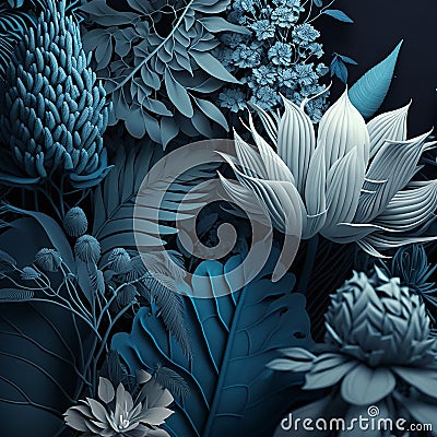 Winter tropical bluish tones leaves background Stock Photo