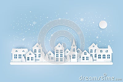 Winter urban countryside landscape, village with cute paper houses Vector Illustration