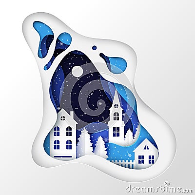 Winter urban countryside landscape, village with cute paper houses Vector Illustration