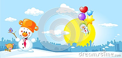 Winter urban landscape with funny snowman Vector Illustration