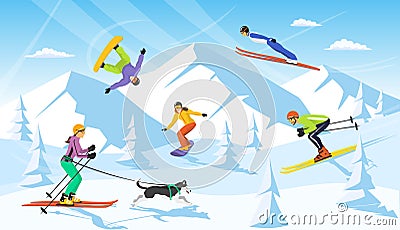 Winter vacaction ski resort scene. man and woman cross country skiing, jumping, snowboarding Vector Illustration