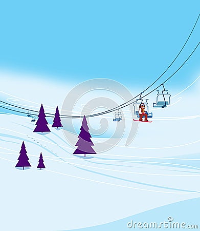 Winter vacation at the ski resort. Ski slope with ski lifts and Christmas trees on a blue sky background. Illustration Stock Photo