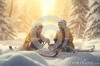 Winter Vacation, winter weekend, skiing ski mask snow sledding, recreation in the winter mountains, adrenaline, speed Stock Photo