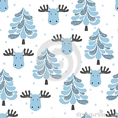 Winter vector pattern with blue tree and moose. Vector Illustration