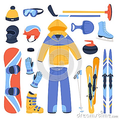 Winter vector sport and clothes icons snow ski, snowboard helmet and board, sledge mountain cold extreme sportsmen Vector Illustration