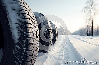 Winter vehicle tires on the frosty road. Generate ai Stock Photo