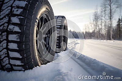 Winter vehicle tires on the snow covered road. Generate ai Stock Photo