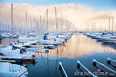 Winter view of marina in Trondheim Stock Photo