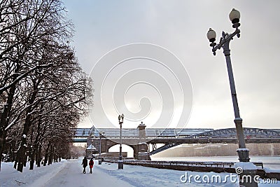 Winter view of the Moscow river embankment and Gorky park Stock Photo