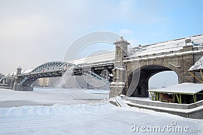 Winter view of the Moscow river embankment and Gorky park Stock Photo