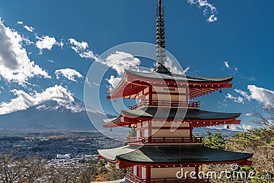 Winter view Mount Fuji first snow and top of Chureito Pagoda at Arakurayama Sengen park. Japan. Editorial Stock Photo