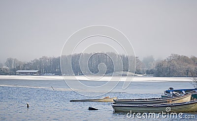 Winter view over Lough Owel lake at Mullingar yacht club. Stock Photo