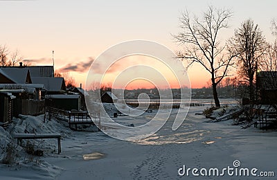 Winter view on the Volkhov river after sunset Stock Photo