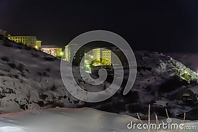 Winter views of the districts and landscapes of the surroundings of the city of Polyarny. Stock Photo