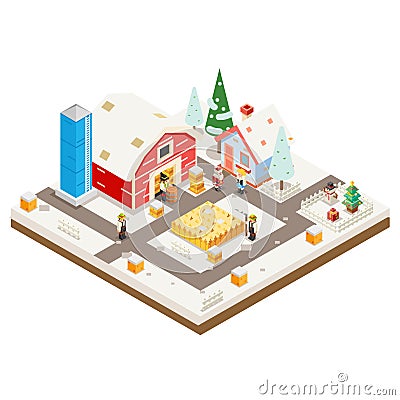 Winter Village Agriculture Farm Rural House Building season christmas Isometric 3d Lowpoly Icon Real Estate Garden Vector Illustration