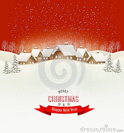 Winter village evening background. Vector Illustration