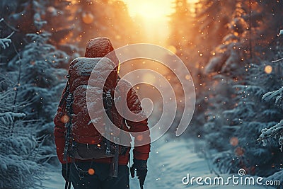 Winter wanderlust Solo hiker immersed in the tranquility of snowy trails Stock Photo