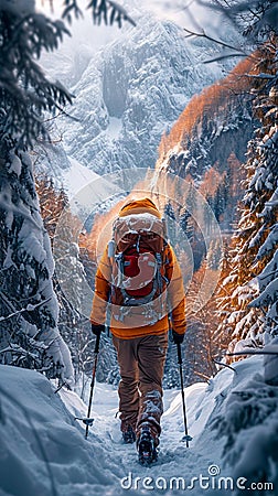 Winter wanderlust Solo hiker immersed in the tranquility of snowy trails Stock Photo