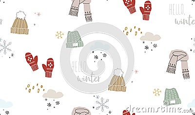 Winter warm cozy seamless pattern with with hats and mittens Vector Illustration