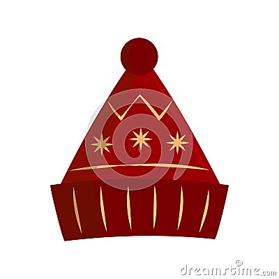 Winter warm hat with bubon. Red knitted binnie hat. Vector Illustration