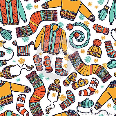 Winter Warm Knitted Clothes Seamless Pattern Vector Illustration