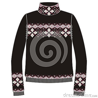 Winter warm sweater handmade, svitshot, jumper for knit, black and blue color. Design - snowflakes jacquard pattern. Vector Illustration
