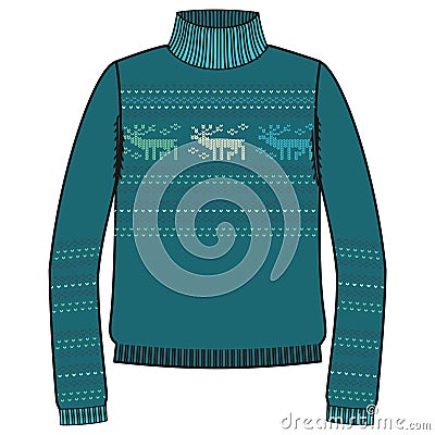 Winter warm sweater handmade, svitshot, jumper for knit, turquoise color. Design - snowflakes, reindeer jacquard pattern. Vector Illustration