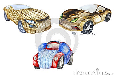 Winter warmed car, set avto, watercolor illustration Cartoon Illustration