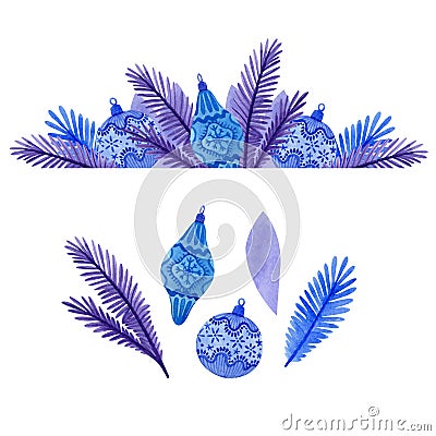 Winter watercolor border with stylized blue leaves and twigs and Christmas tree decorations. Stock Photo