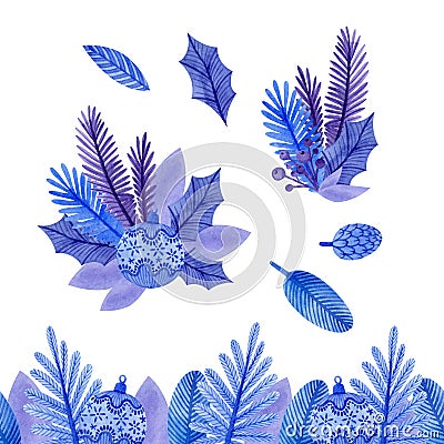 Winter watercolor border with stylized blue leaves and twigs and Christmas tree decorations. Bouquets of pine twigs and leaves Stock Photo