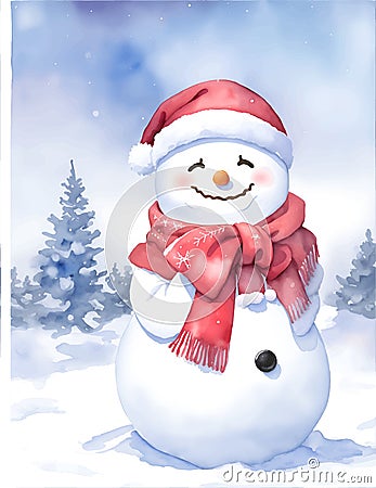 Winter watercolor Christmas greeting card with cute snowman, Christmas card, Copy space, new year Stock Photo