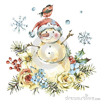 Winter Watercolor Christmas greeting card with cute sowman, flowers Stock Photo