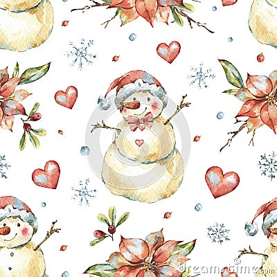 Winter Watercolor Christmas seamless pattern with cute sowman Stock Photo