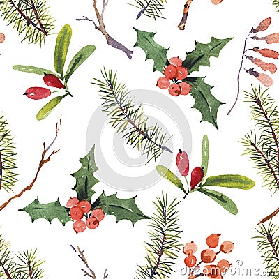 Winter watercolor Christmas seamless pattern with tree branches Cartoon Illustration