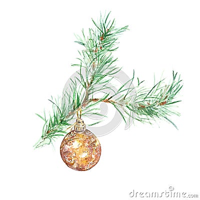 Winter Watercolor christmas tree branch with golden glass bauble ornament, isolated on white background. Cartoon Illustration