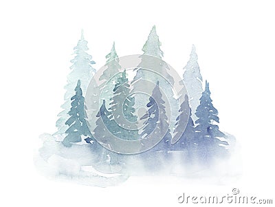 Winter watercolor fir trees in the fog. Hand drawing Stock Photo