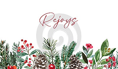 Winter watercolor greenery border made of pine branches, green leaves, red berries. Christmas frame with pine branches Cartoon Illustration