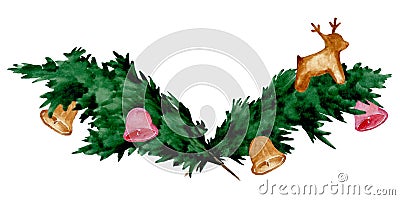 Winter watercolor illustration. Christmas tree branches and toys isolated on white background. Colored bells and a deer. Great for Cartoon Illustration