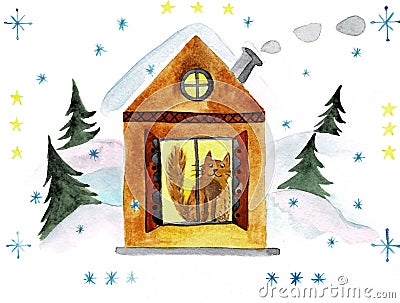 Red Christmas house among the snowy trees. Watercolor illustration. Cartoon Illustration