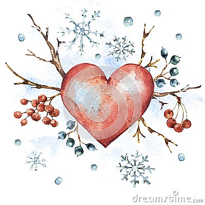Winter watercolor natural greeting card with red heart, snowflake Cartoon Illustration