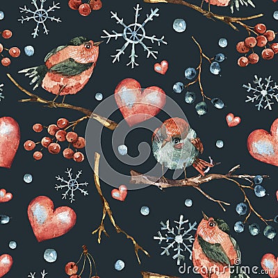 Winter watercolor natural seamless pattern with red heart, bird, Cartoon Illustration