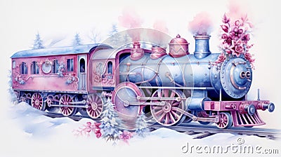 Winter watercolor train on white background. Neural network AI generated Stock Photo