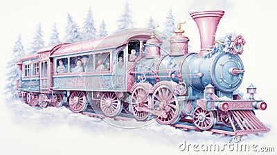 Winter watercolor train on white background. Neural network AI generated Stock Photo