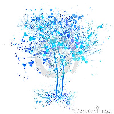 Winter watercolor tree. Blue trees with splashes and ink sketched illustration. Winter tree concept Vector Illustration