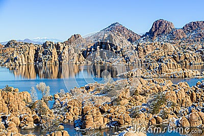 Winter at Watson Lake in Prescott Arizona with the Granite Dells and a blue sky Stock Photo