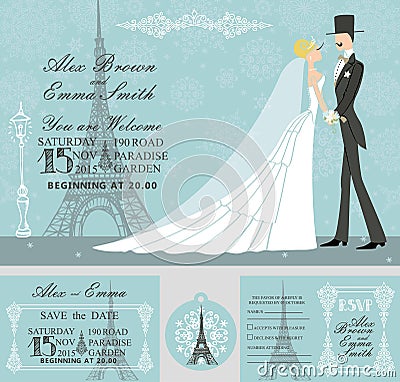 Winter wedding invitation set. Bride, groom Vector Illustration