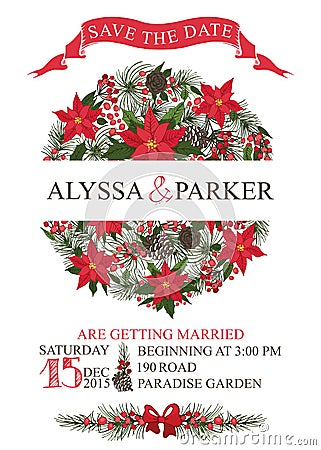 Winter wedding save date card. Circle composition Vector Illustration