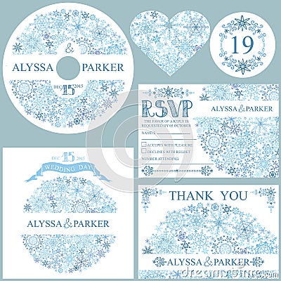 Winter wedding template set.Snowflakes circle Vector Illustration